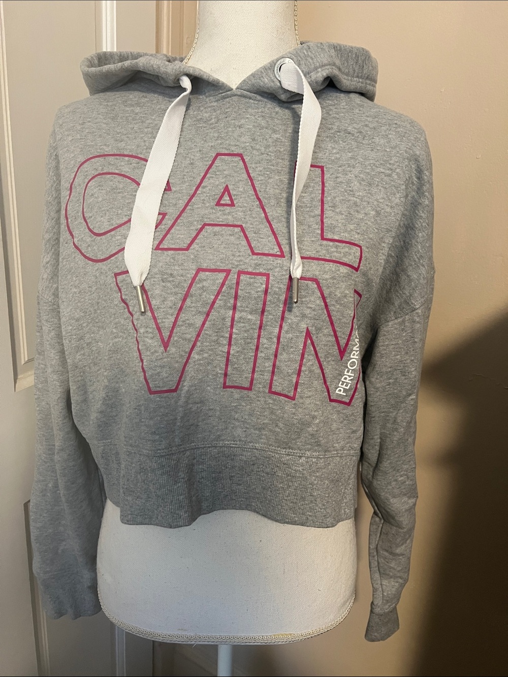 Calvin Klein Gray Cropped Hoodie with Pink Outline Logo